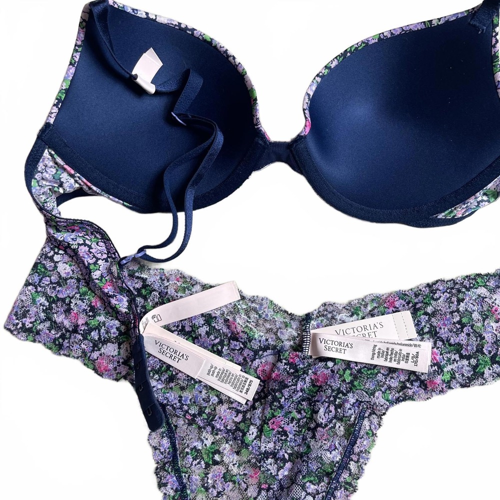 Victoria's Secret Ensign Navy Ditsy Floral Bra and Thong Set Lingerie Romantic - Picture 5 of 9